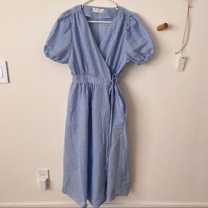Olive cotton gingham puff sleeve wrap dress